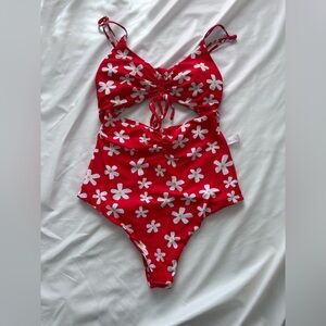 Pink Lily Red Floral Women’s One-Piece Swimsuit with Front Tie
